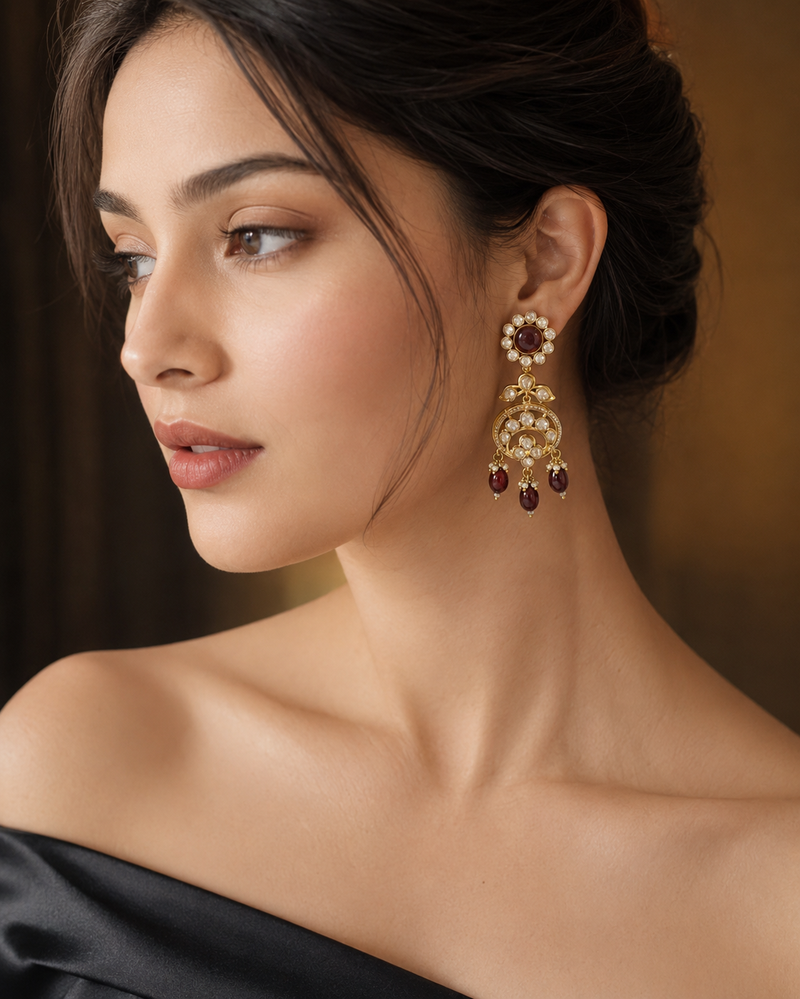 Maroon Pearl Chandbali Drop Earrings(E-2)