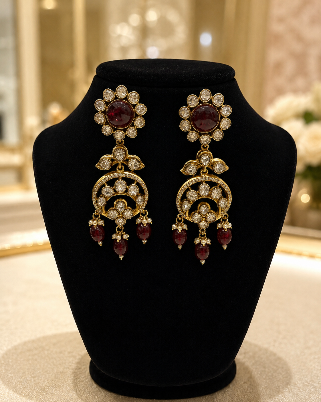 Maroon Pearl Chandbali Drop Earrings(E-2) - Image 3