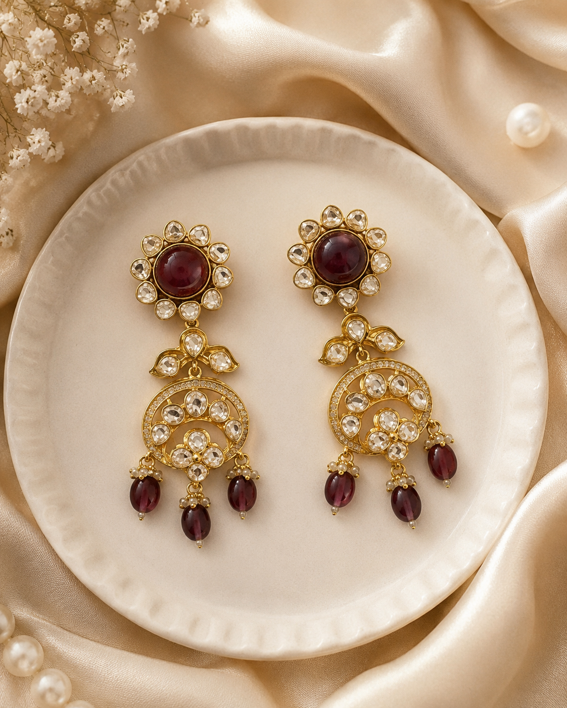 Maroon Pearl Chandbali Drop Earrings(E-2) - Image 5