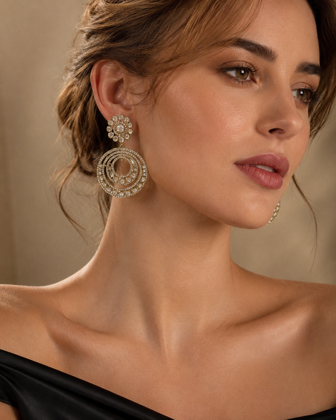 Pearl White Circular Chandbali Statement Earrings(E-3)