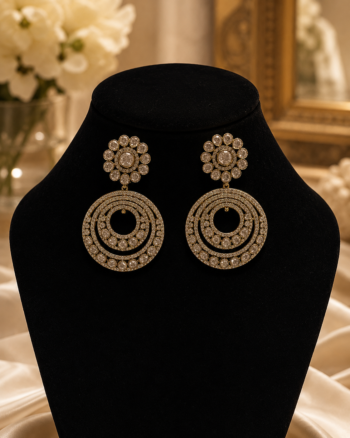 Pearl White Circular Chandbali Statement Earrings(E-3) - Image 3