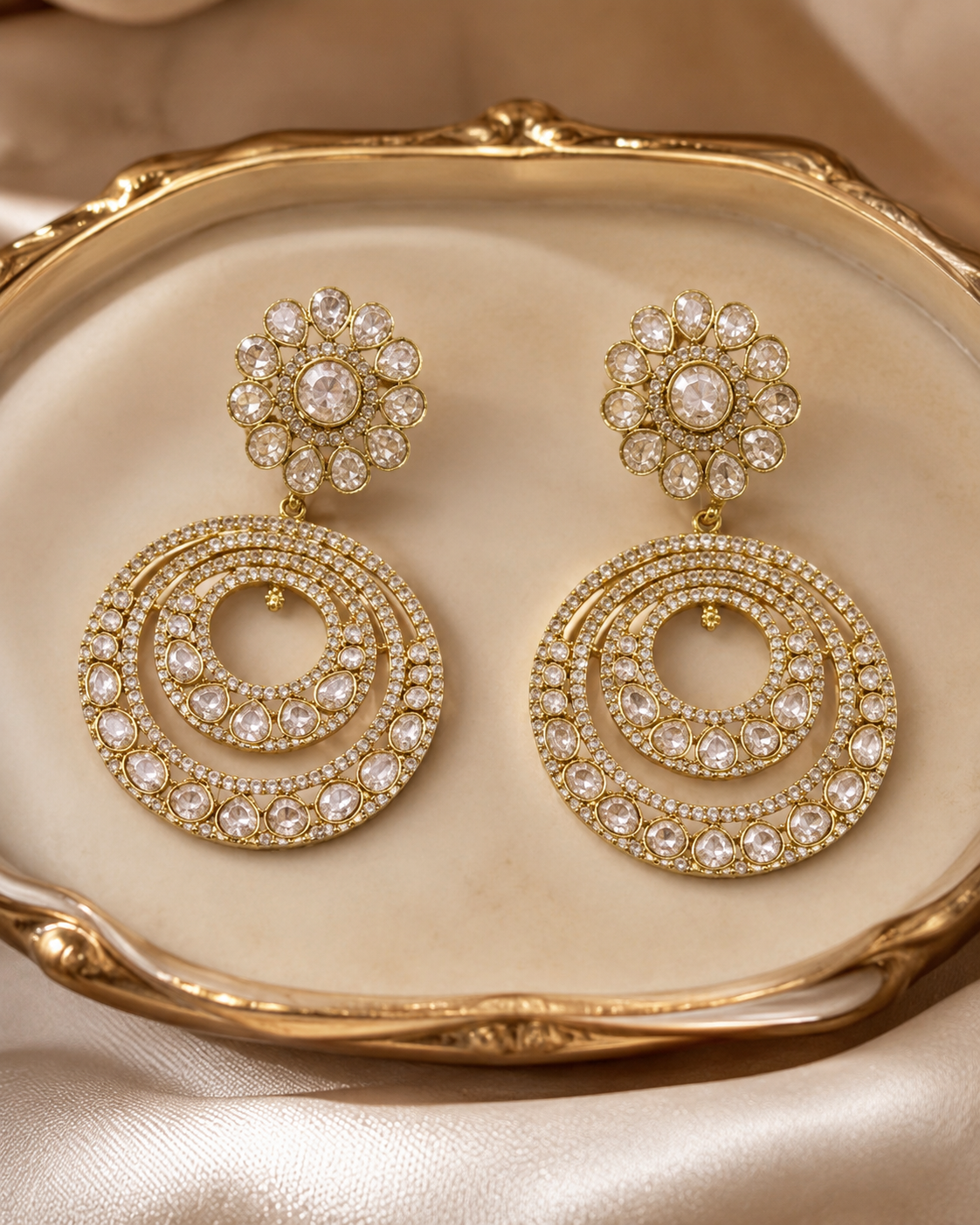 Pearl White Circular Chandbali Statement Earrings(E-3) - Image 4