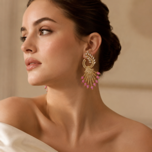 Pink Stone Peacock Chandbali Earrings(E-6)