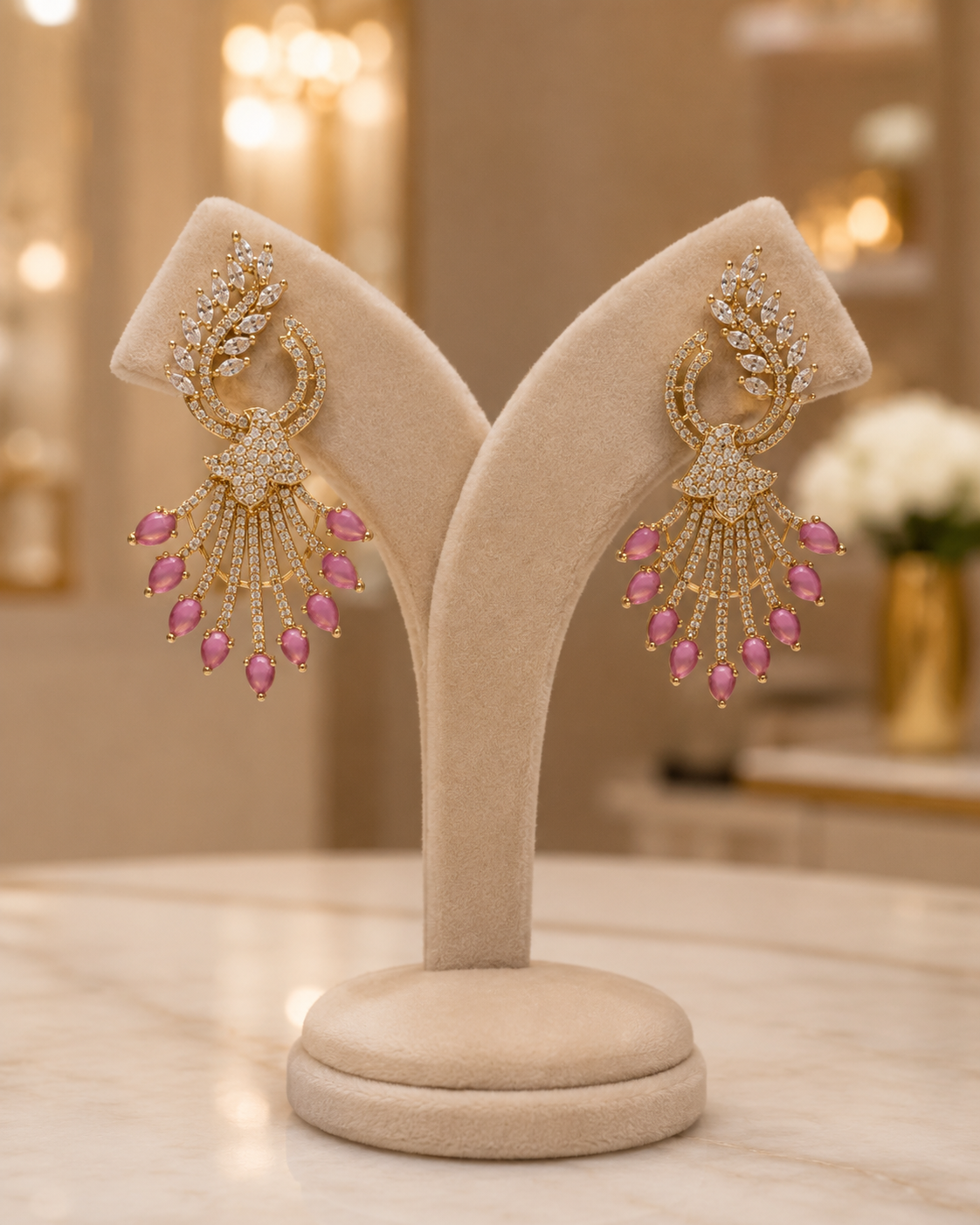 Pink Stone Peacock Chandbali Earrings(E-6) - Image 3