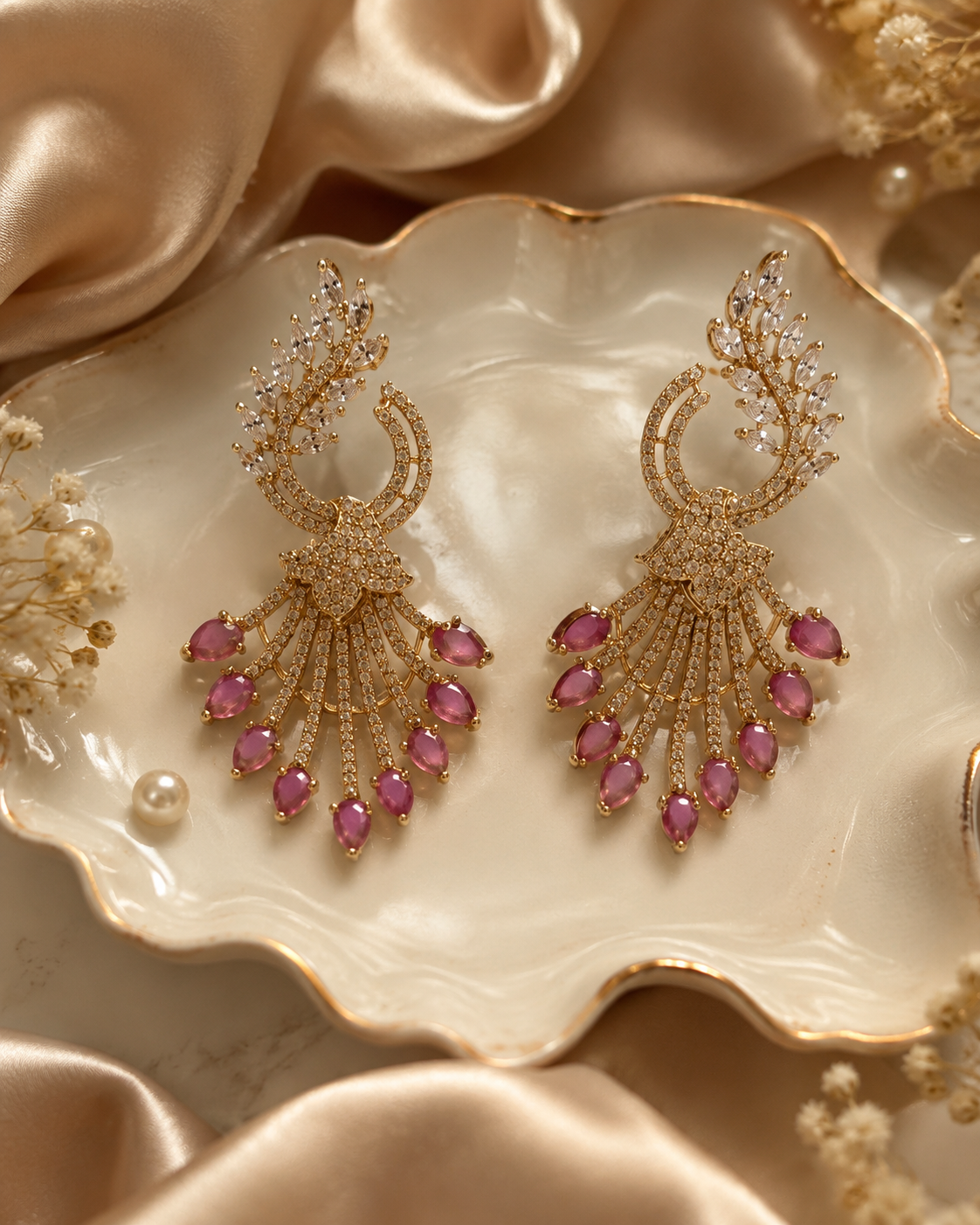 Pink Stone Peacock Chandbali Earrings(E-6) - Image 4