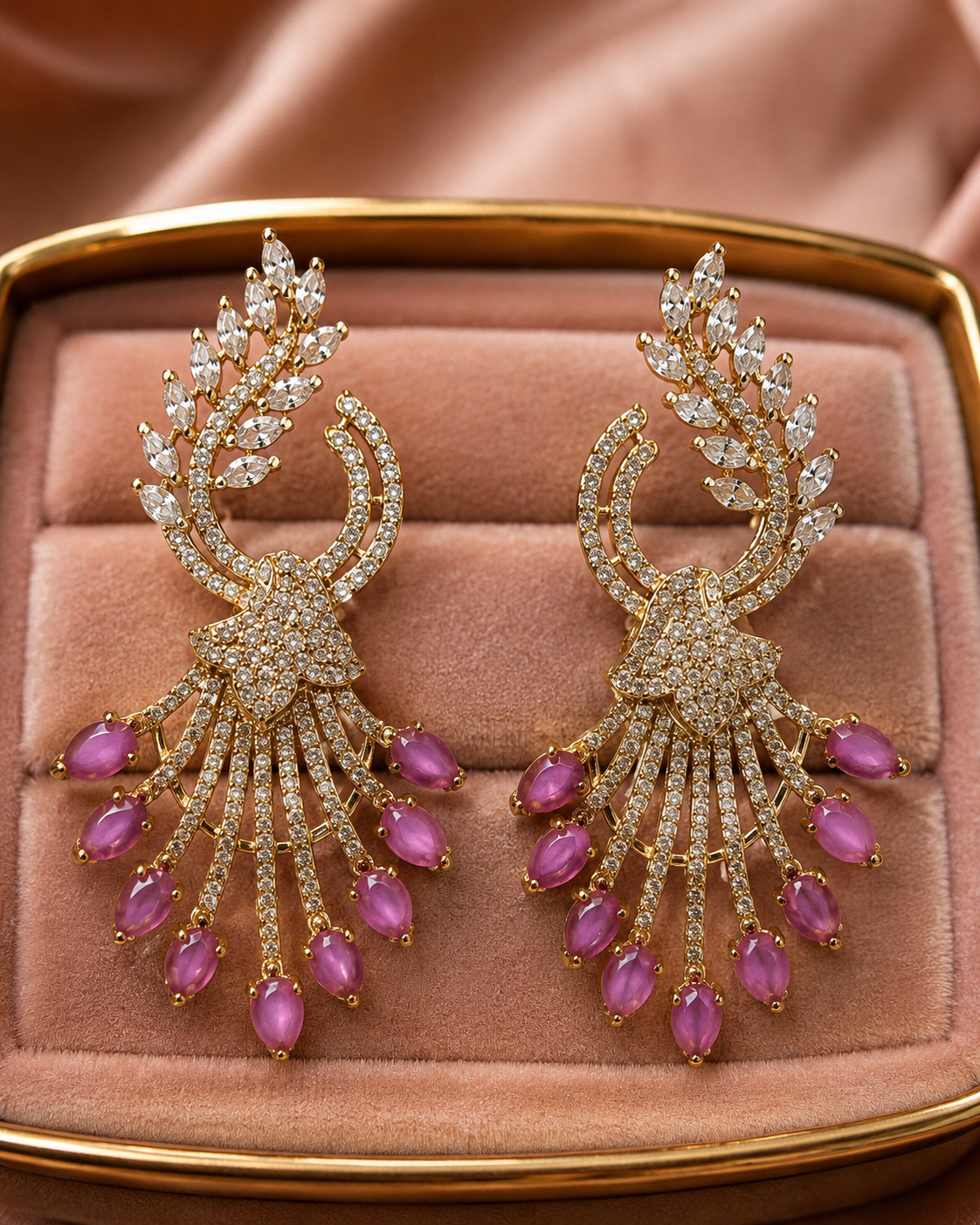 Pink Stone Peacock Chandbali Earrings(E-6) - Image 5