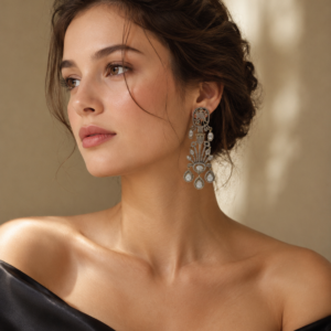 Silver White Long Chandbali Statement Earrings(E-7)
