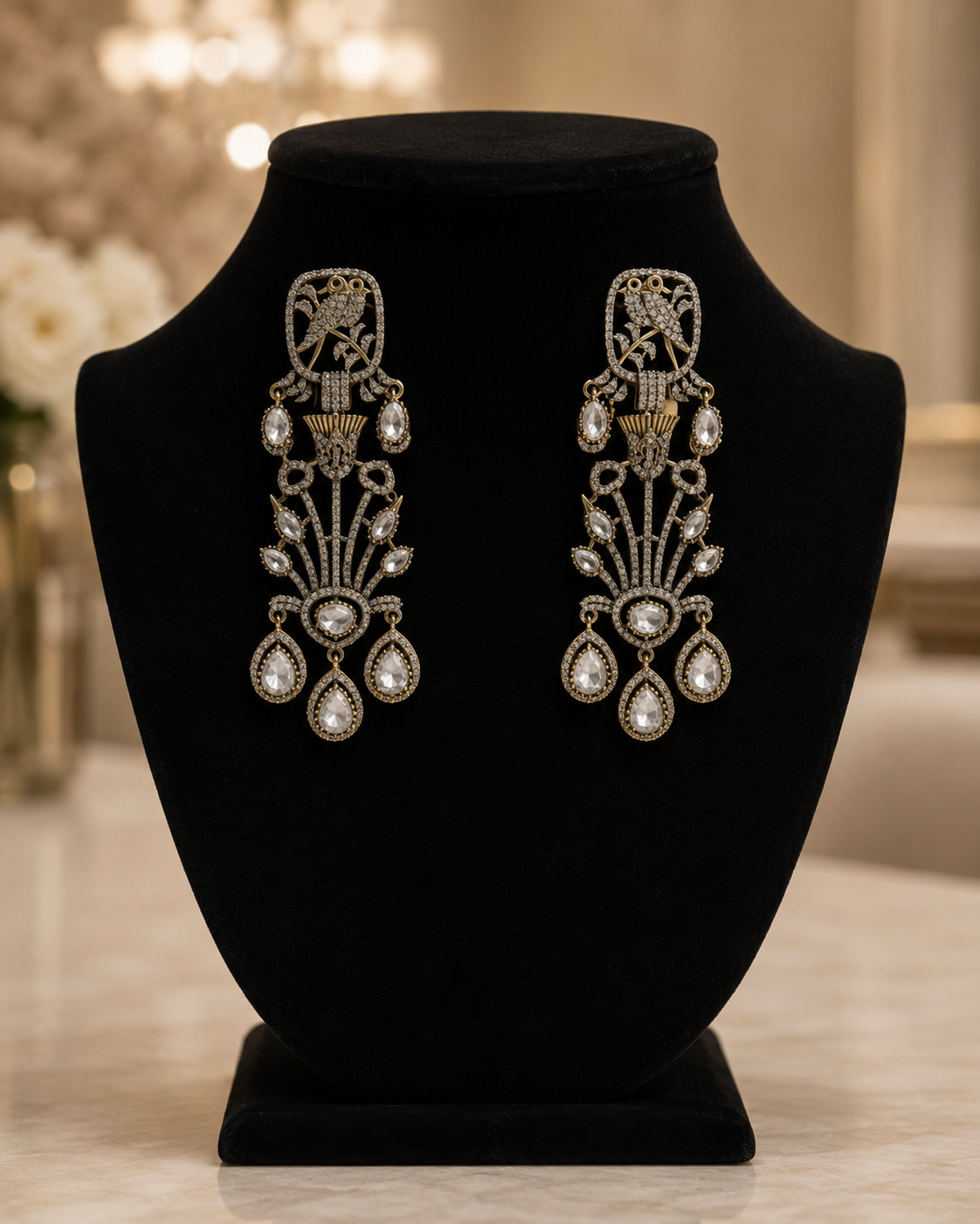 Silver White Long Chandbali Statement Earrings(E-7) - Image 3
