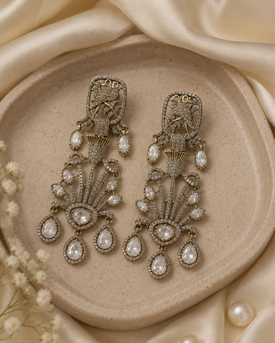 Silver White Long Chandbali Statement Earrings(E-7) - Image 4