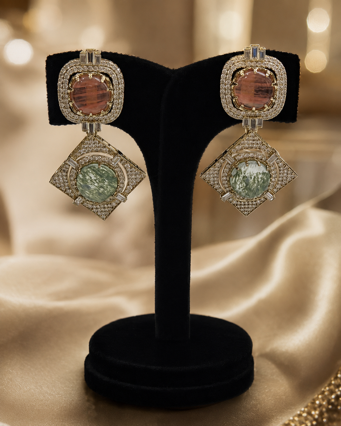 Dual Stone Geometric Statement Earrings(E-8) - Image 5