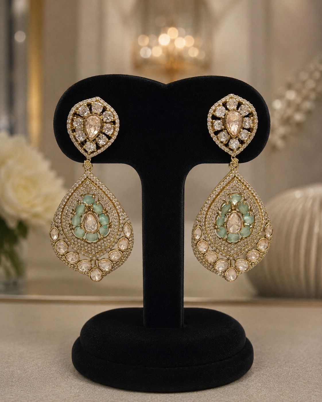Mint Green Kundan Polki Drop Earrings(E-10) - Image 5