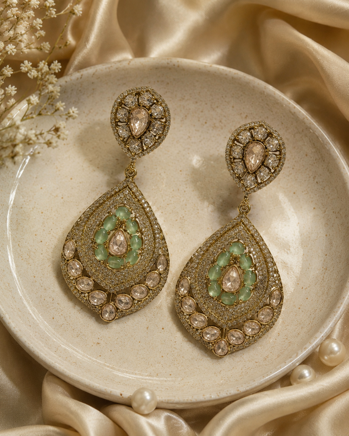 Mint Green Kundan Polki Drop Earrings(E-10) - Image 4