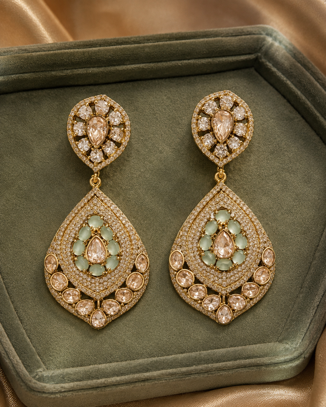 Mint Green Kundan Polki Drop Earrings(E-10) - Image 3