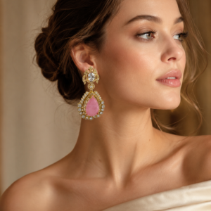 Pink Teardrop Kundan Statement Earrings(E-12)