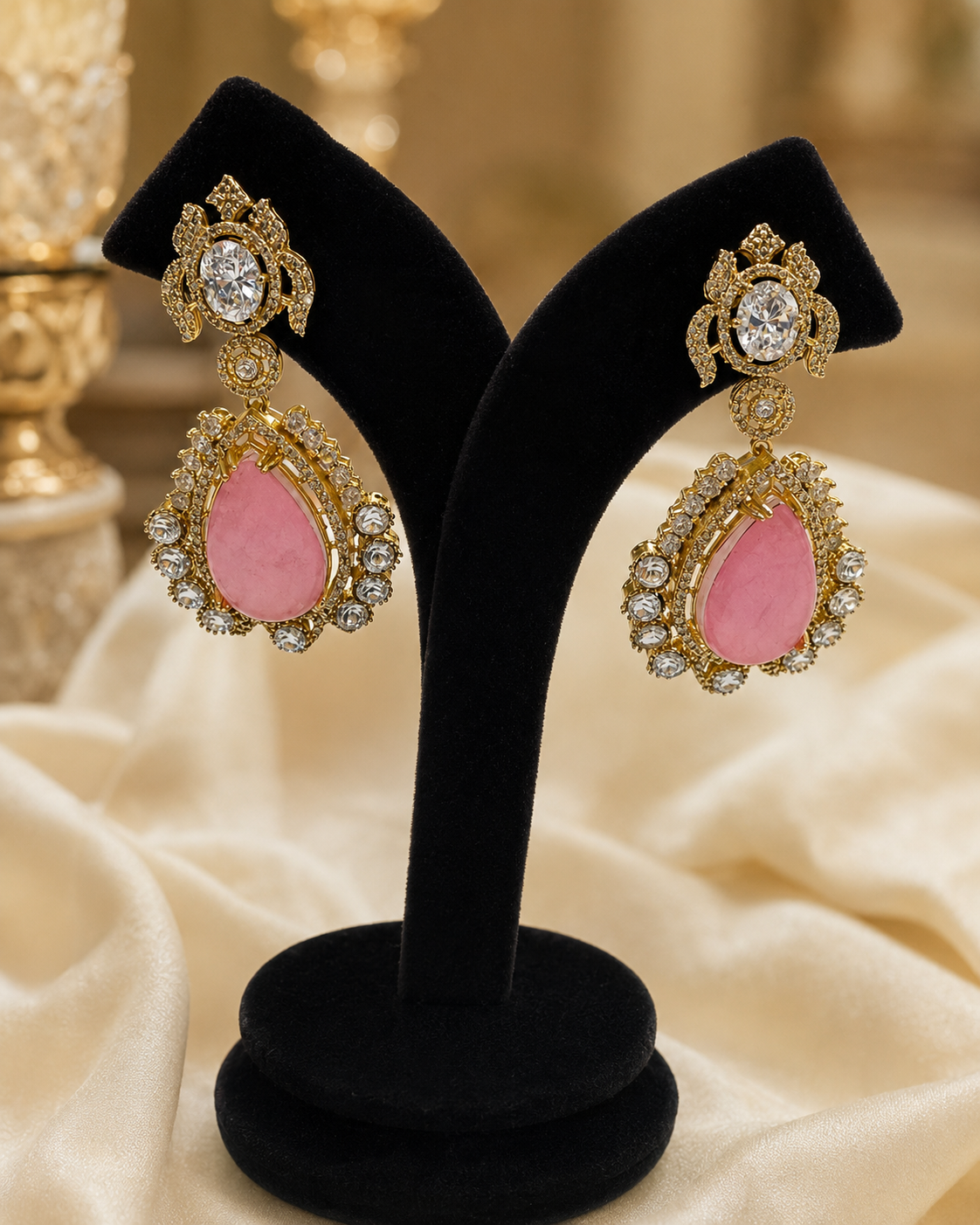 Pink Teardrop Kundan Statement Earrings(E-12) - Image 4