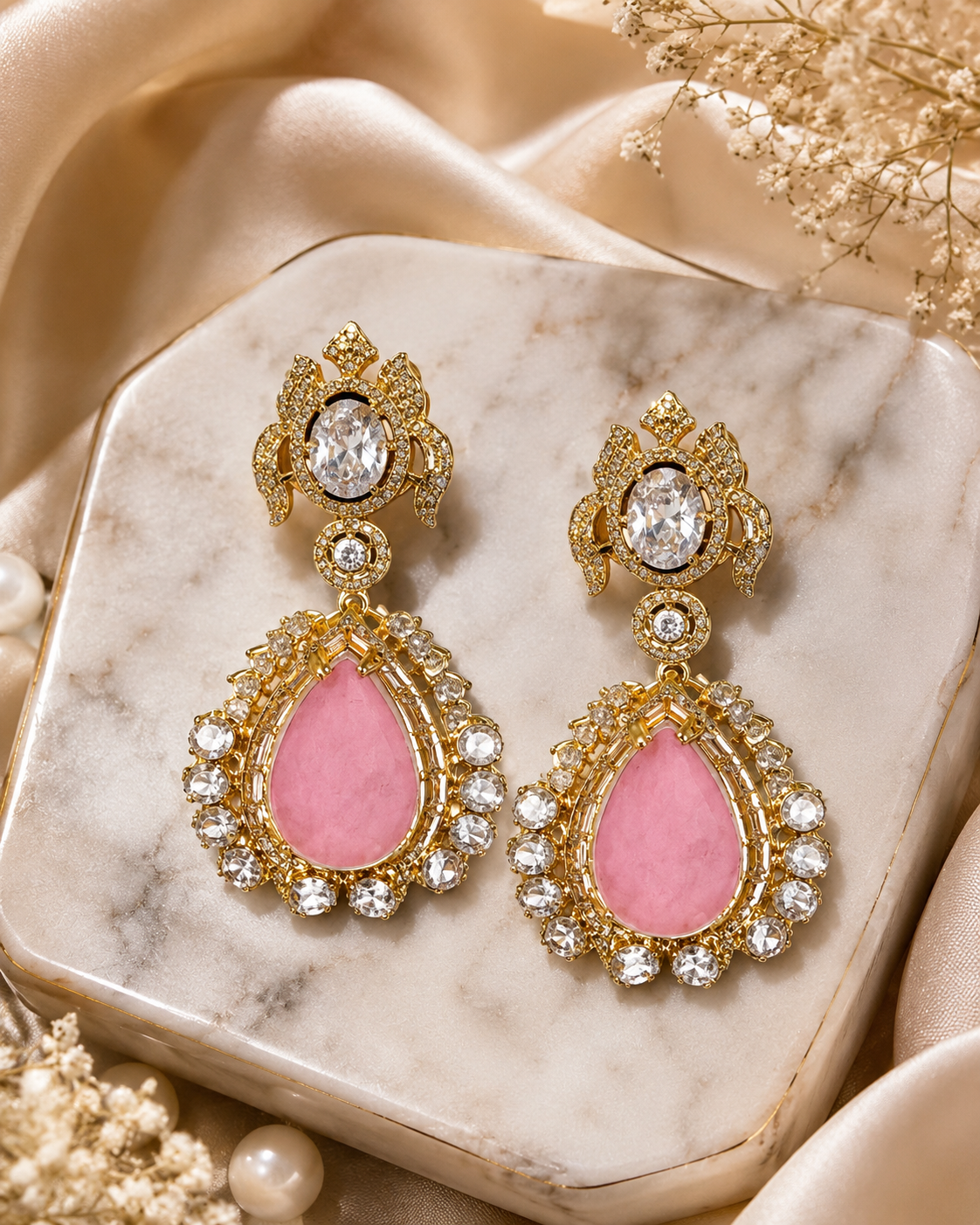 Pink Teardrop Kundan Statement Earrings(E-12) - Image 3