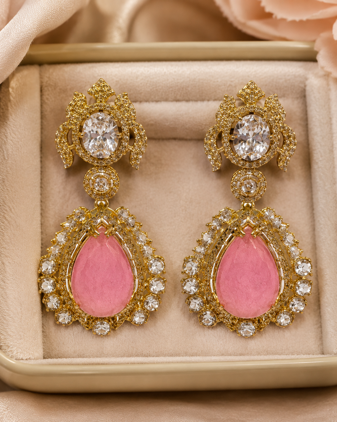 Pink Teardrop Kundan Statement Earrings(E-12) - Image 5