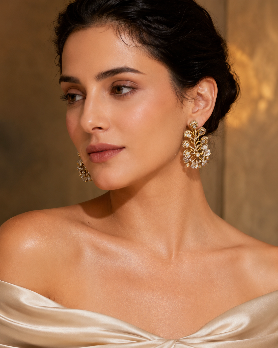 Gold Floral Crystal Statement Earrings(E-22)