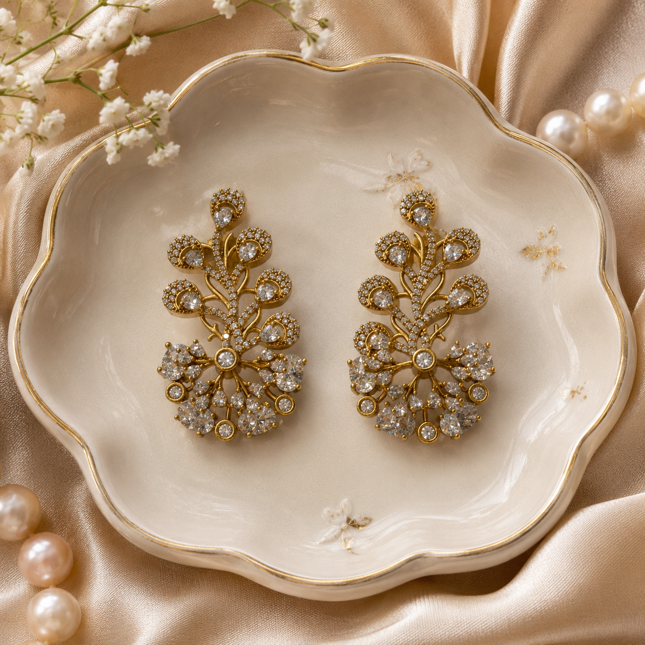 Gold Floral Crystal Statement Earrings(E-22) - Image 3