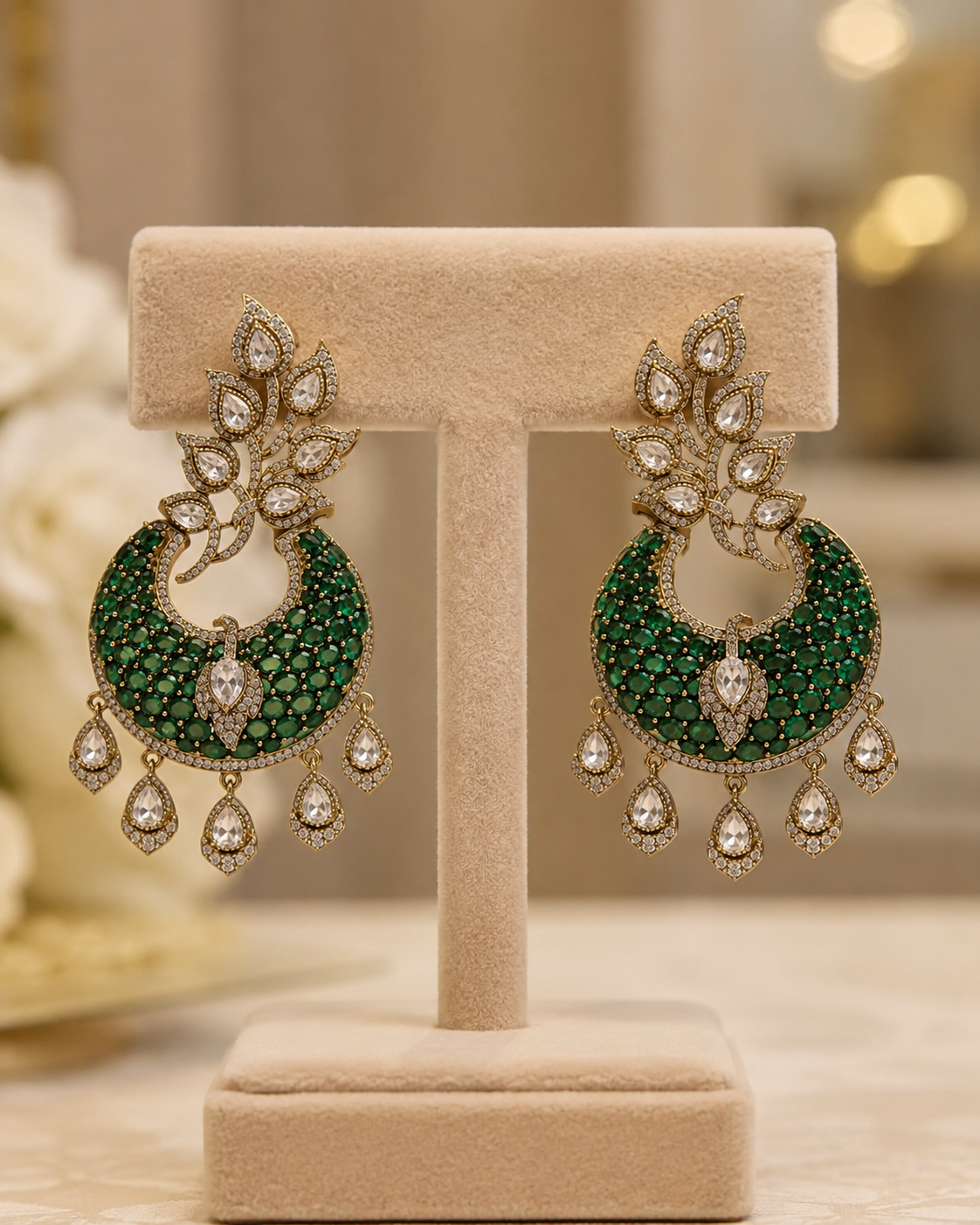 Green Crescent Leaf Drop Earrings(E-23) - Image 3