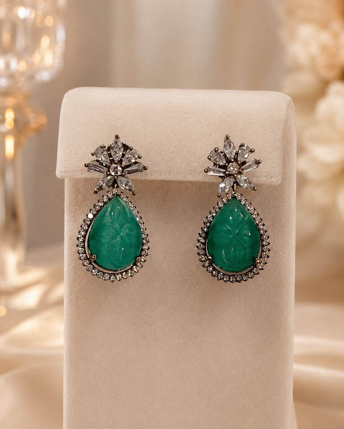 Green Teardrop Floral Earrings(E-24) - Image 4