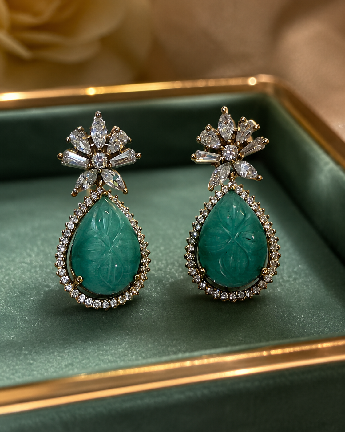 Green Teardrop Floral Earrings(E-24) - Image 3