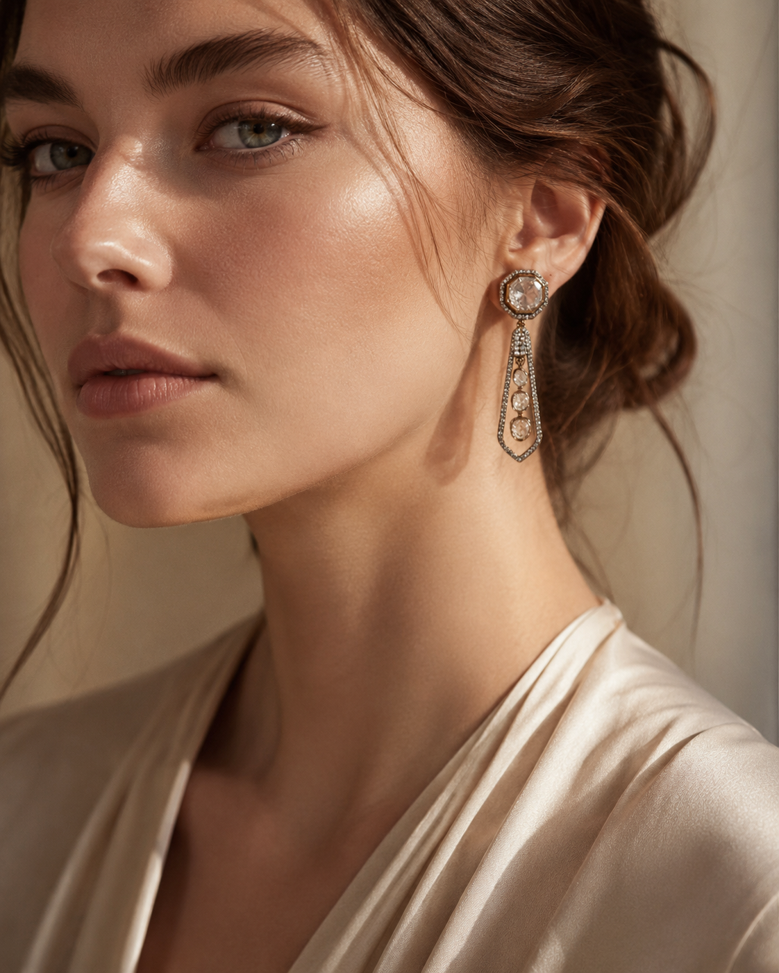 Champagne Stone Long Drop Earrings(E-27)