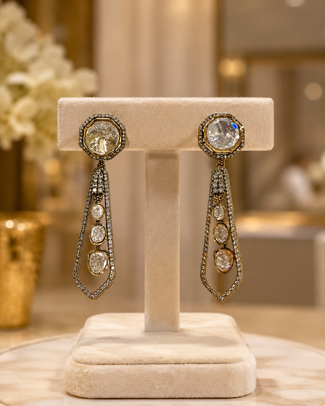 Champagne Stone Long Drop Earrings(E-27) - Image 4
