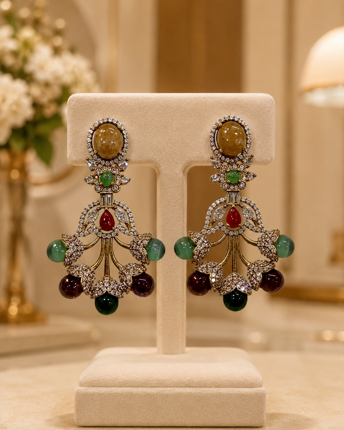 Multicolor Stone Floral Drop Earrings(E-28) - Image 5