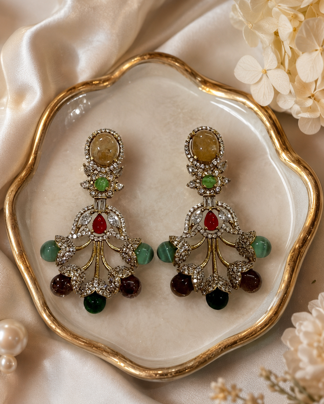 Multicolor Stone Floral Drop Earrings(E-28) - Image 3