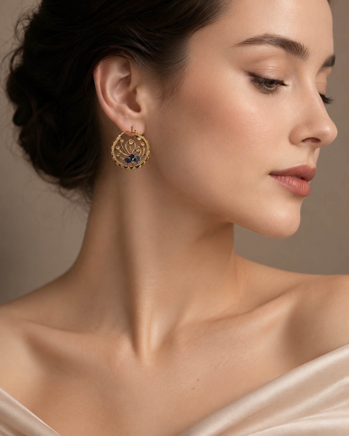 Blue Stone Gold Hoop Earrings(E-31)