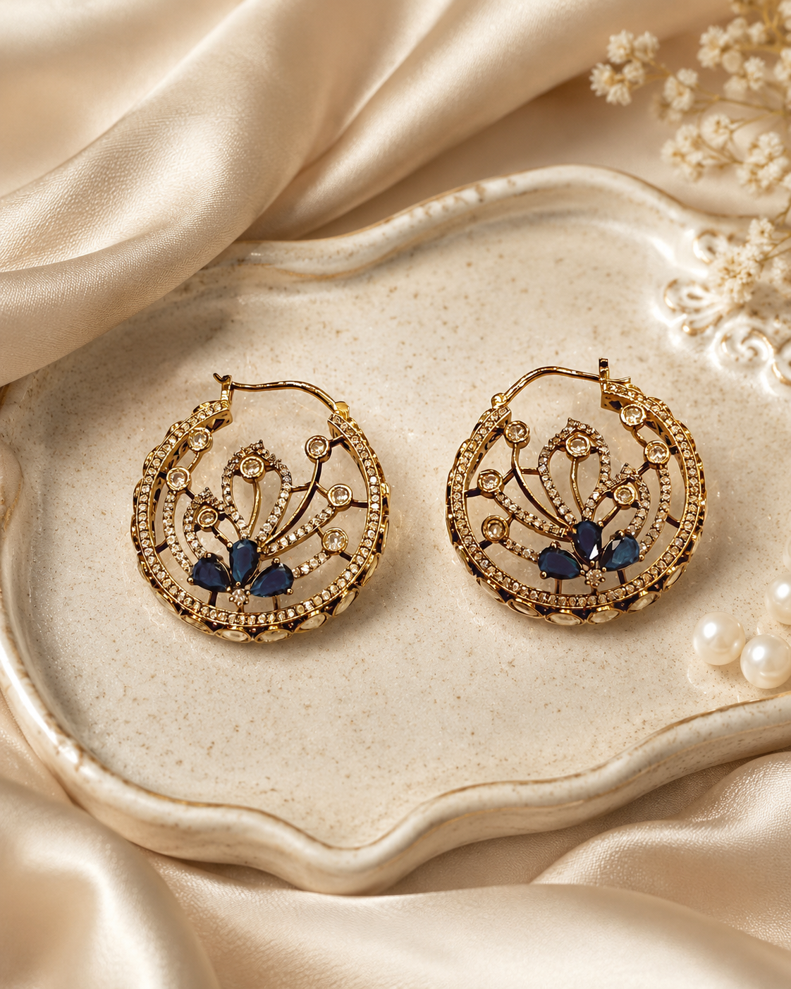 Blue Stone Gold Hoop Earrings(E-31) - Image 3