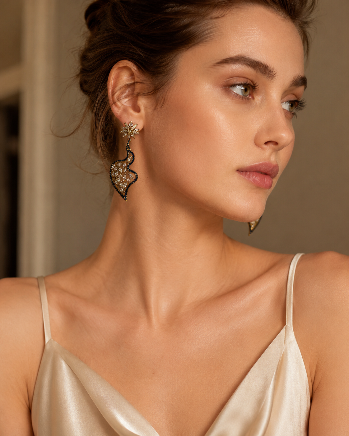 Blue Outline Leaf Drop Statement Earrings(E-32)