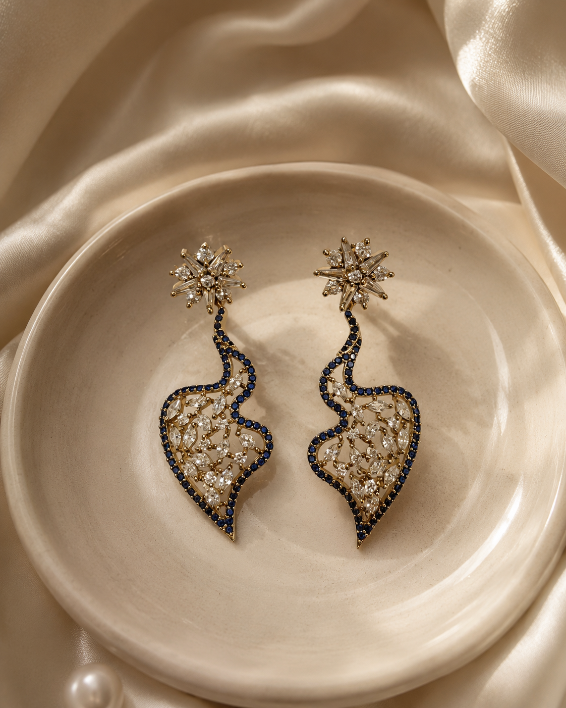 Blue Outline Leaf Drop Statement Earrings(E-32) - Image 5