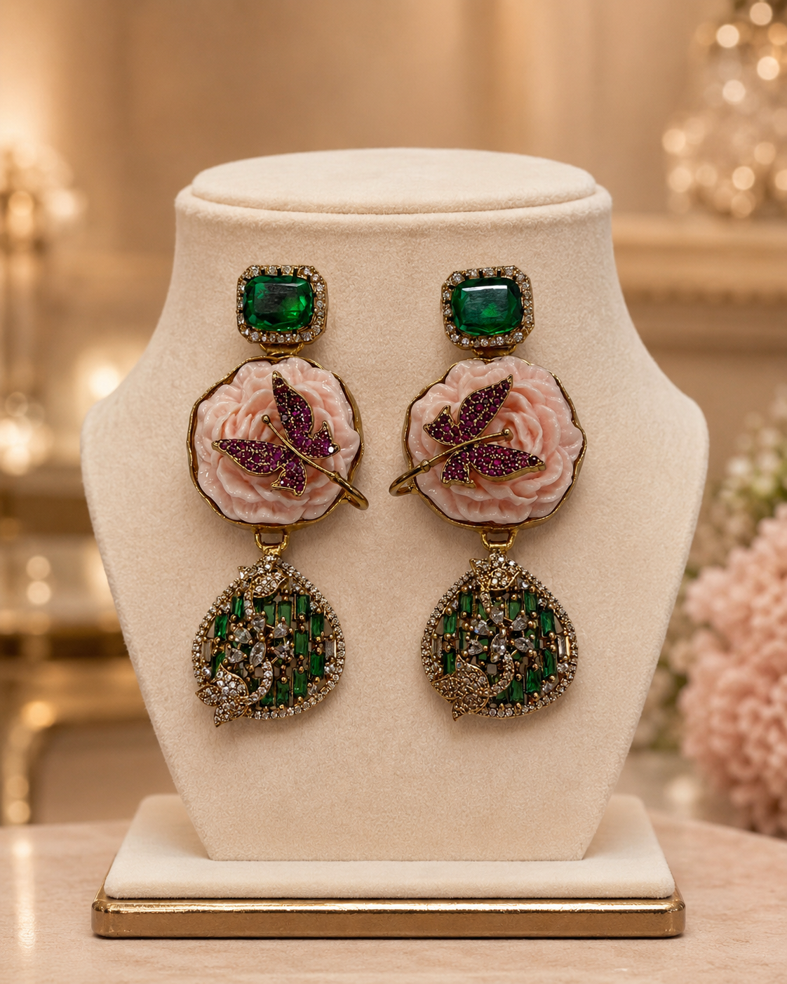 Rose Butterfly Emerald Drop Earrings(E-33) - Image 3