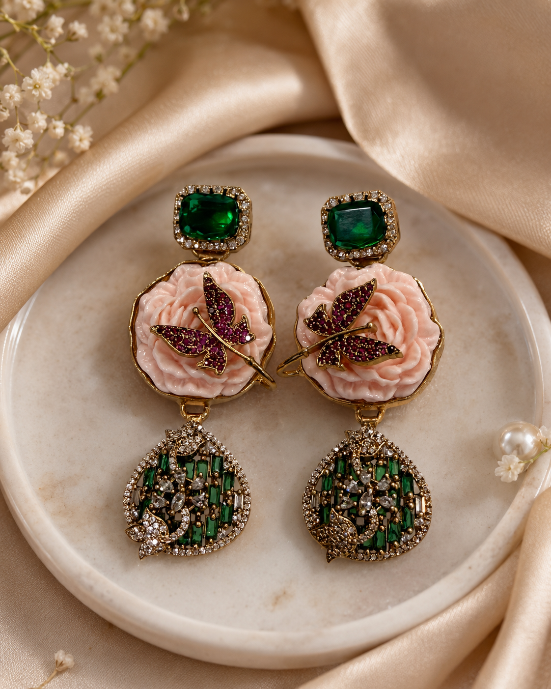 Rose Butterfly Emerald Drop Earrings(E-33) - Image 5