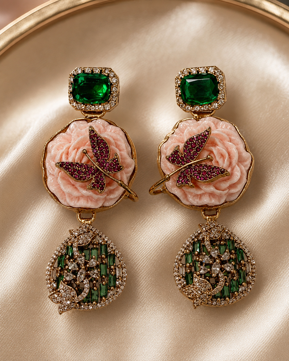 Rose Butterfly Emerald Drop Earrings(E-33) - Image 4