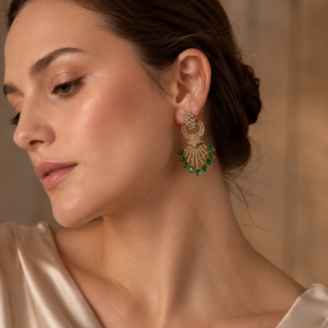 Green Stone Fan Drop Earrings(E-34)