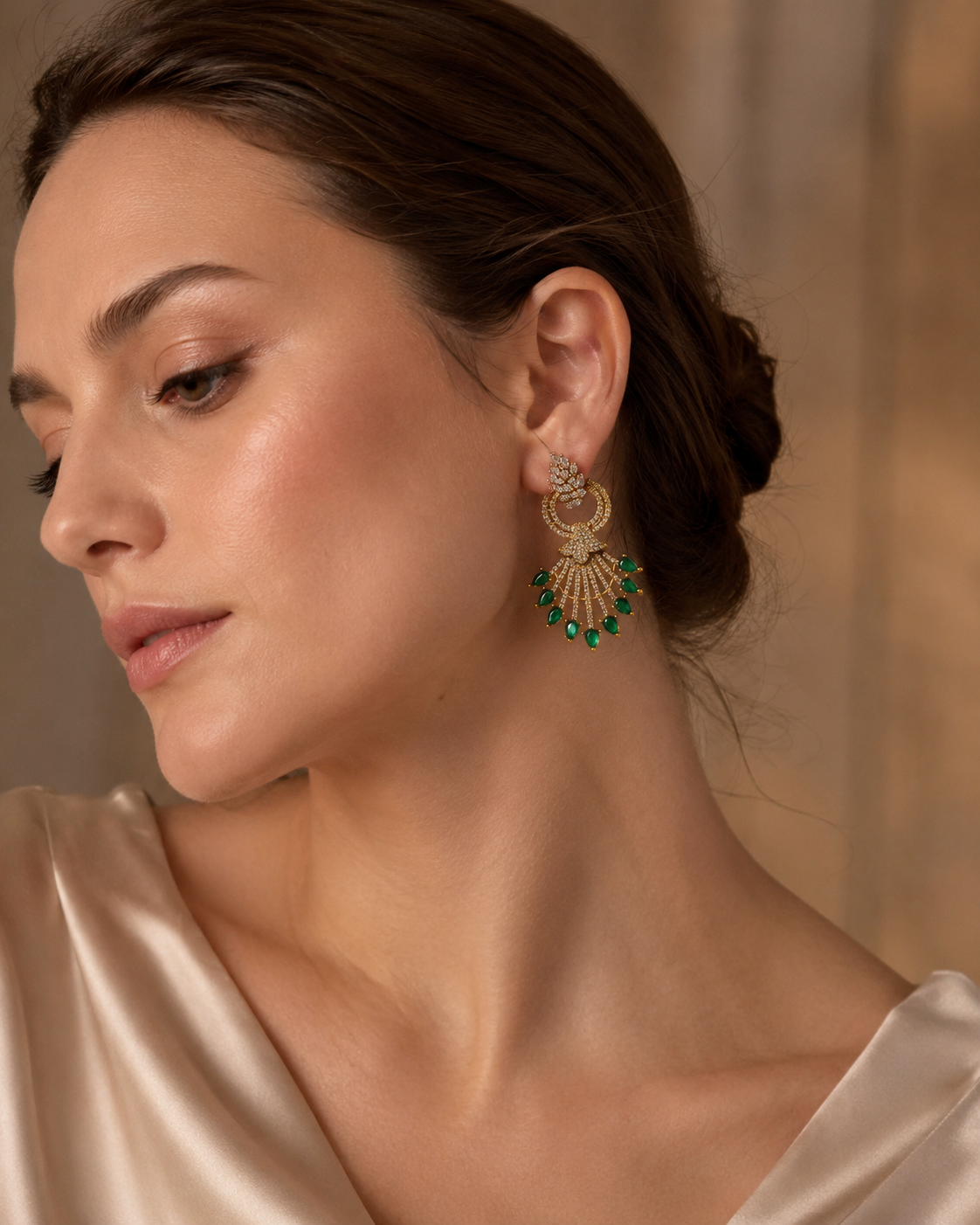 Green Stone Fan Drop Earrings(E-34)