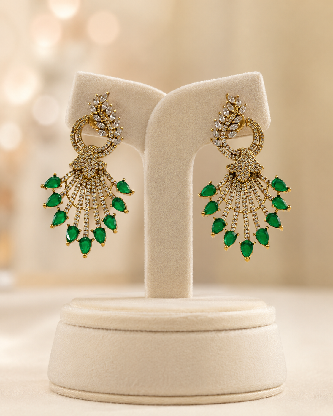 Green Stone Fan Drop Earrings(E-34) - Image 3