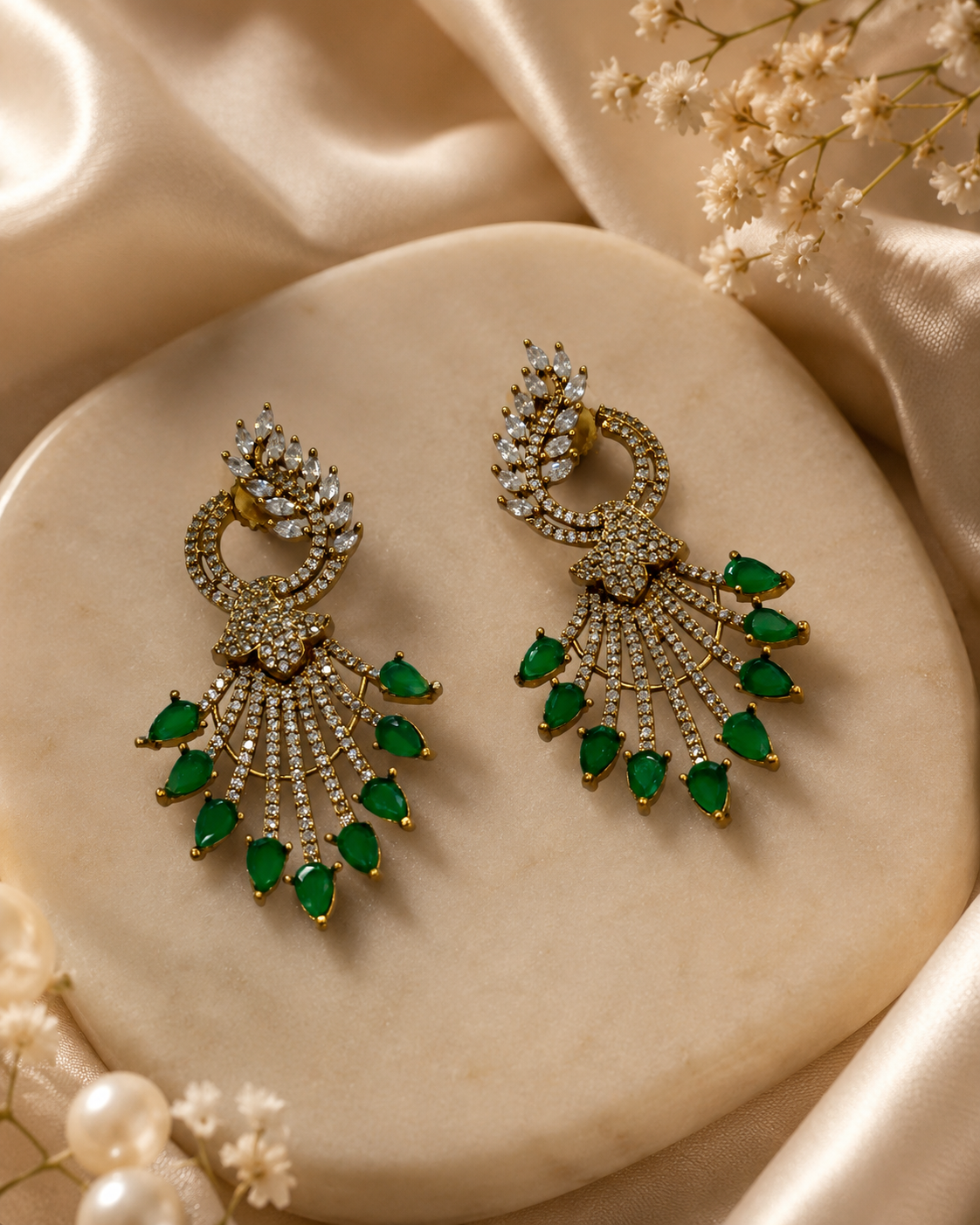 Green Stone Fan Drop Earrings(E-34) - Image 4