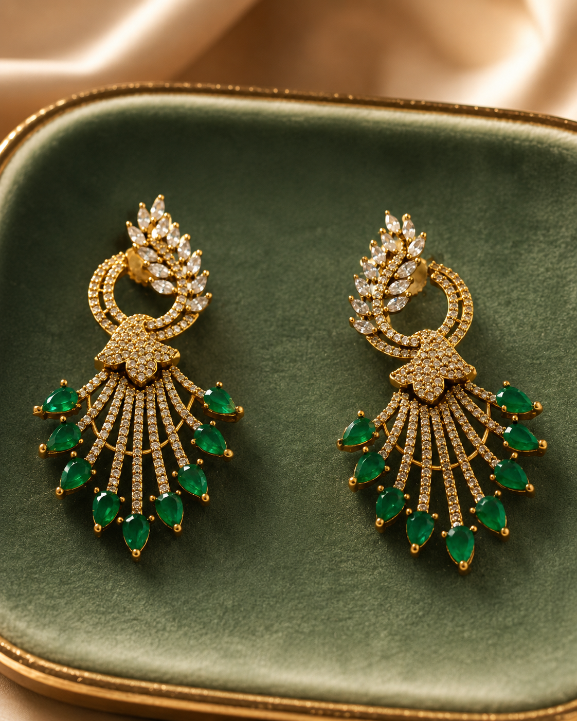 Green Stone Fan Drop Earrings(E-34) - Image 5