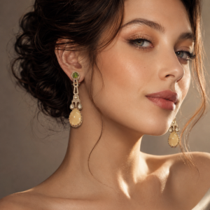 Green & Beige Teardrop Long Earrings(E-35)