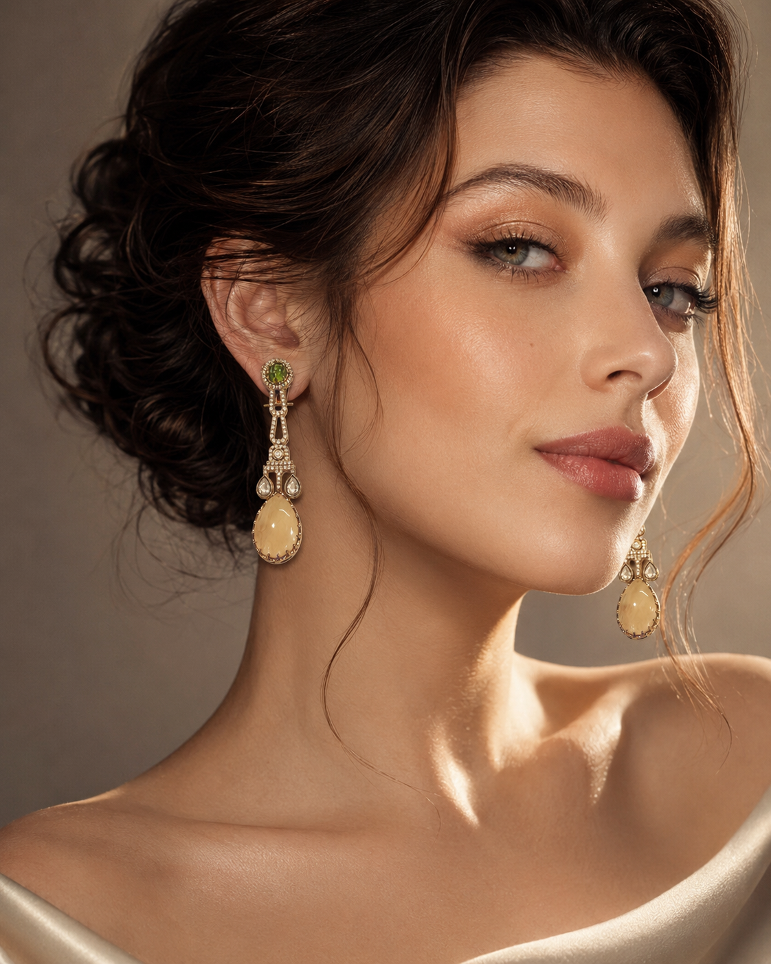 Green & Beige Teardrop Long Earrings(E-35)