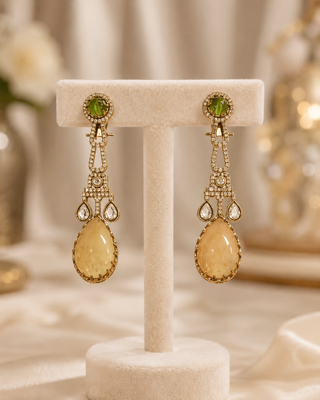 Green & Beige Teardrop Long Earrings(E-35) - Image 3