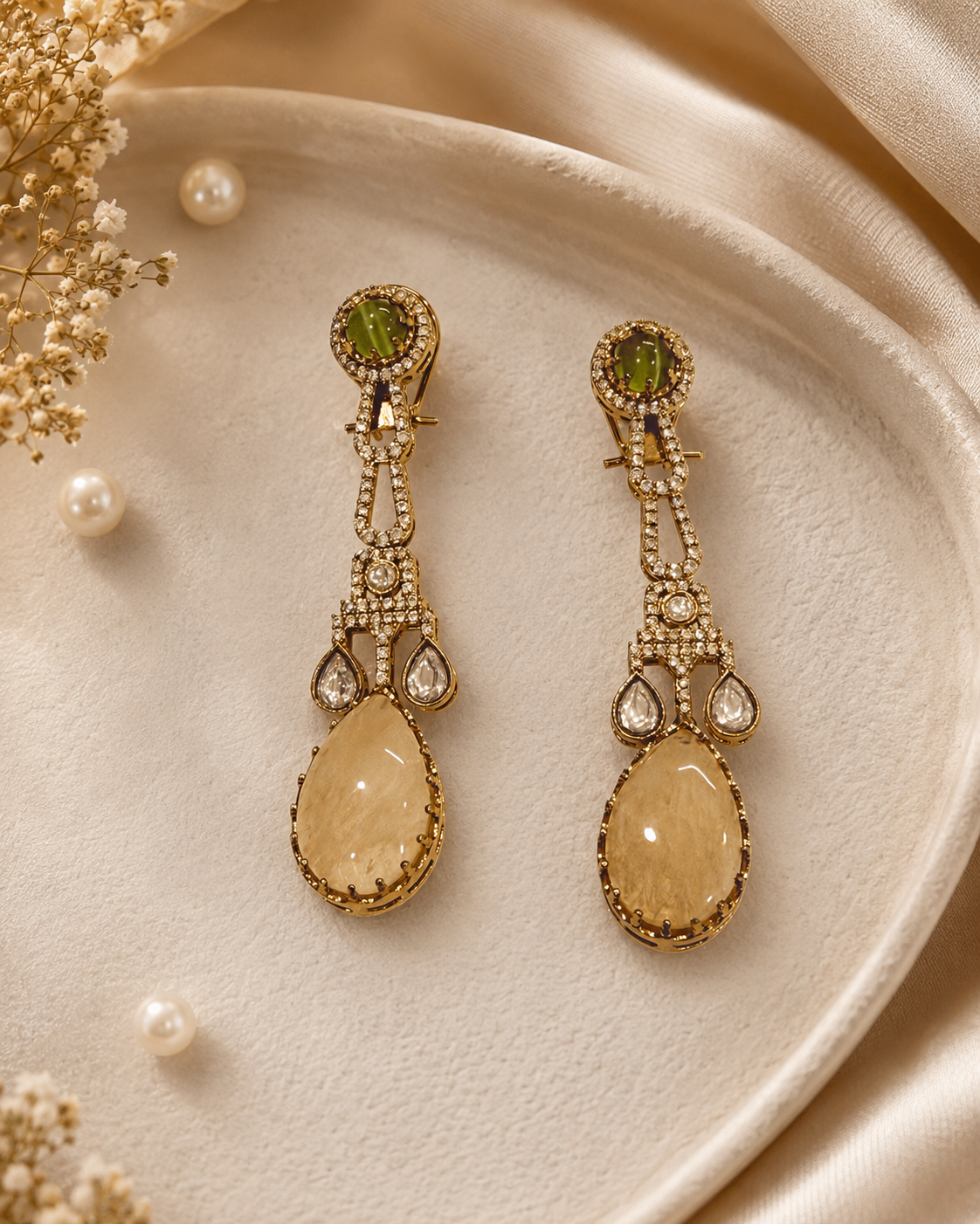 Green & Beige Teardrop Long Earrings(E-35) - Image 5