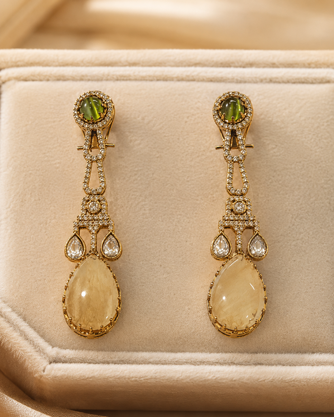 Green & Beige Teardrop Long Earrings(E-35) - Image 4