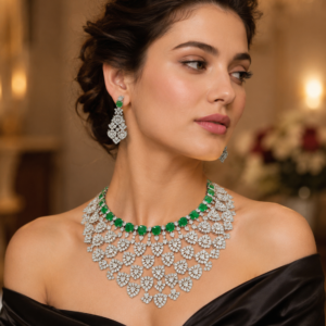 Emerald Green Floral American Diamond Necklace Set(J-62)
