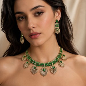 Emerald Green Kundan Bridal Necklace Set(J-63)