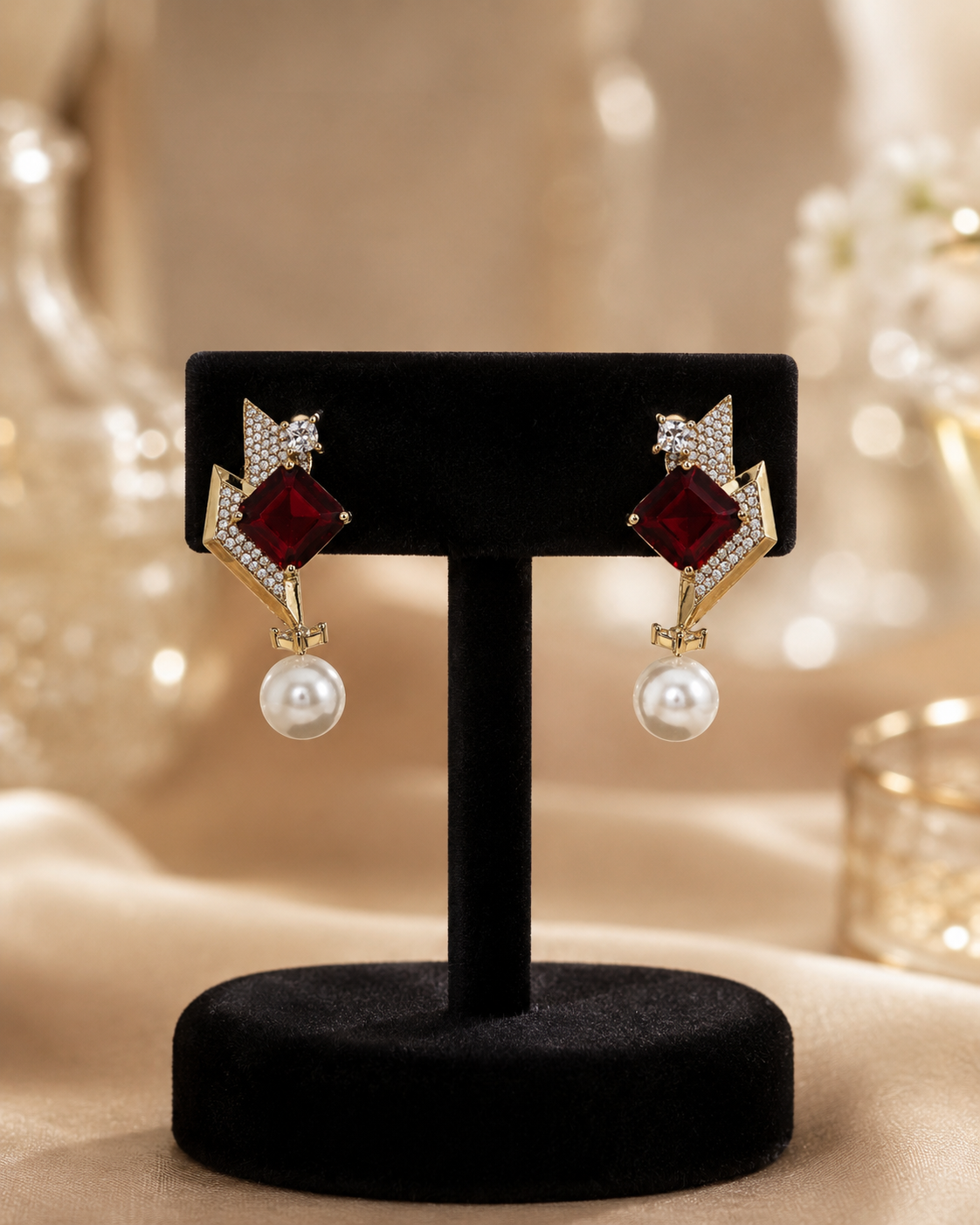 Red Stone Pearl Drop Earrings(E-21) - Image 4
